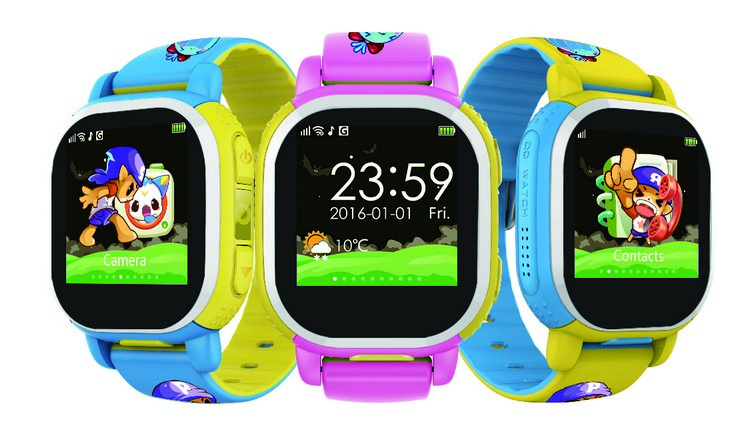 东南亚首发的腾讯QQ儿童手表，共有黄、蓝、粉红三种颜色供选。