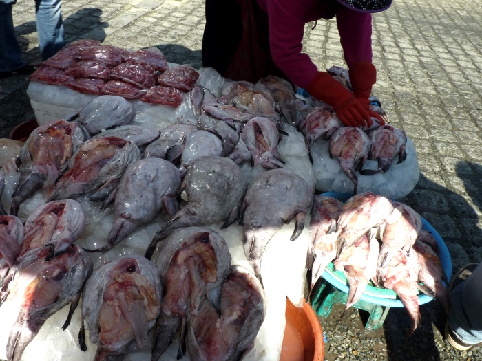 在海鲜市场上的大口鱼，发现韩国很喜欢将海鲜肚皮朝天摆放。