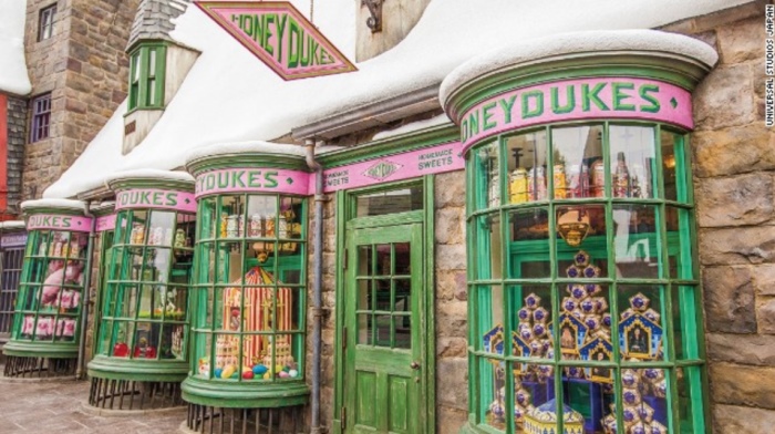 The Universal Studios Japan recreation of Hogsmeade includes a number of shops that appear in the books, including candy shop Honeydukes. Visitors can pick up some of Hogwarts students' favorite treats like Bertie Bott's Every-Flavour Beans, chocolate frogs and exploding bonbons. 