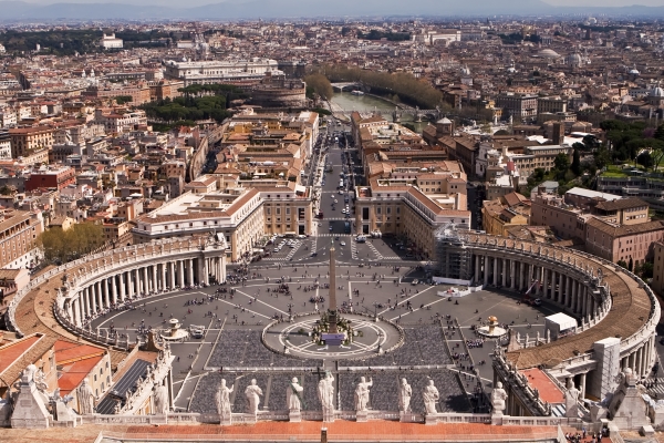 View from the top of St Peters Basilica in the Vatican city.